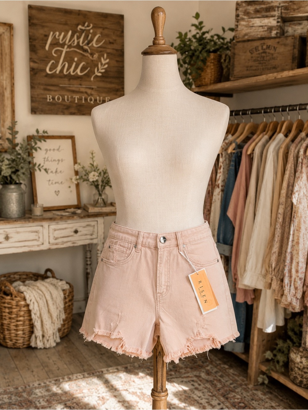 Risen High-Rise Pink Frayed Hem Denim Shorts